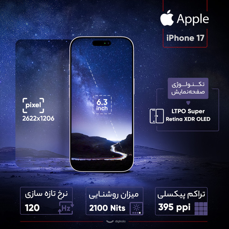 گوشی موبایل اپل مدل iPhone 17 ZAA تک سیم کارت + eSim ظرفیت 256 گیگابایت و رم 8 گیگابایت - نات اکتیو - به همراه شارژر 20 وات اپل
