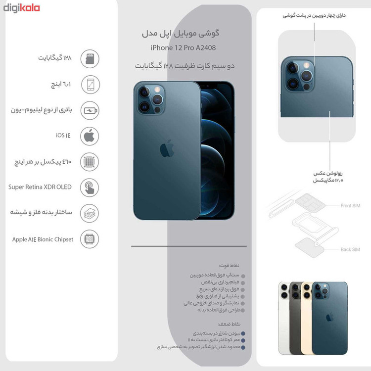 گوشی موبایل اپل مدل iPhone 12 Pro A2408 دو سیم کارت ظرفیت 256 گیگابایت و 6 گیگابایت رم - نات اکتیو